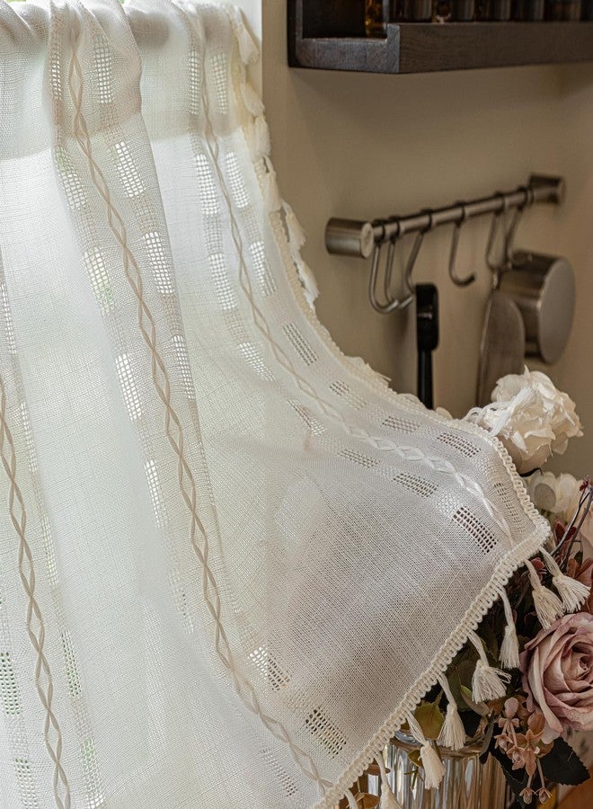 Deeprove ستارة مطبخ قصيرة من ديبروف بوهو فالانس، ستارة مخططة منقوشة، ستارة أنيقة مطرزة بطبقات لتصفية الضوء، مناسبة للمقاهي والمطاعم وغرف الغسيل، مقاس 52 × 18 بوصة، لوحة واحدة، لون أبيض كريمي - Image 2